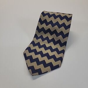 Georges Beane Geometric Zigzag‎ Necktie Navy Gold Silk Blend Men
